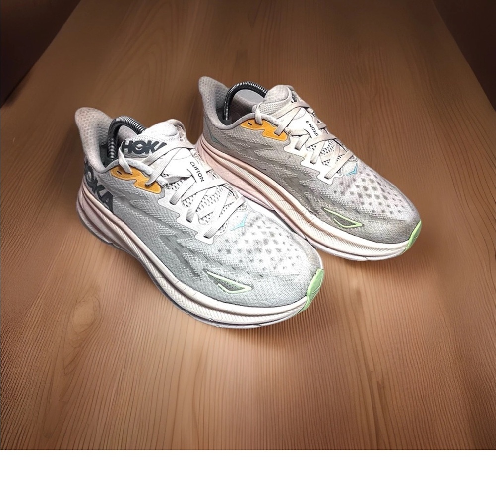Hoka   Clifton  pink  and Gray Sneakers with Yellow Highlights 8B